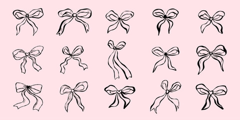 Whimsical coquette Set of doodle bow for Valentines day, wedding invitation, birthday card, packaging, postcard, sticker, scrapbooking, textile print
