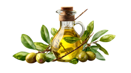 olive oil bottle with olives and leaves, Mediterranean theme, isolated on white background