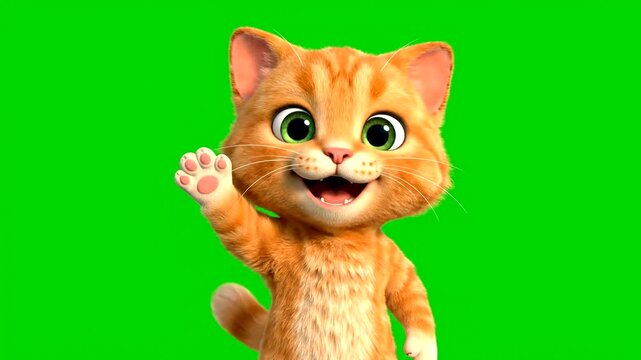 A cute animated orange tabby cat with big green eyes and a friendly smile waves its paw against a vibrant green screen background.