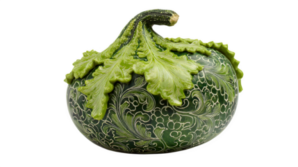 ornamental carved green gourd, artistic vegetable sculpture, isolated on white background
