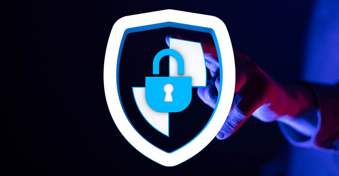 Concept of cybersecurity, data protection and safety with a shield and a lock. Illustration shows hands interacting with a digital se