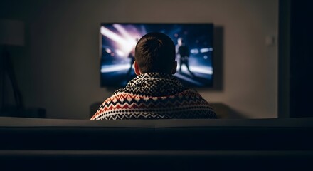 A person sits on a couch watching an action movie on a large flat screen television in a dimly lit room.