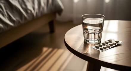 A glass of water and medication sit on a bedside table, near a bed.