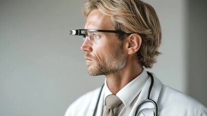 male doctor using AR glasses and smart stethoscope combined technology muted digital hum futuristic care three quarter wide angle cinematic color correction gentle backlight - Powered by Adobe