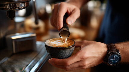 Barista sequence: calibrating grinder, tamping, pulling espresso, pouring latte art, realism, café craft, workflow, with copy space