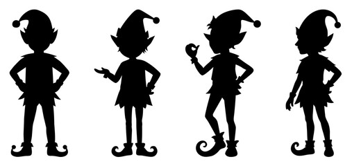 Christmas elf silhouette cartoon illustrations set.