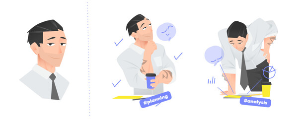 Smiling White Businessman Holding a Coffee Cup While Thinking About Work. Two Office Scenes Show Strategic Planning and Successful Analysis with Emoji and Business Icons.