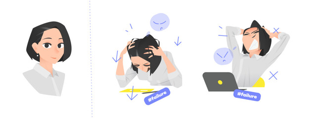 Cartoon Female Character in Business Attire Showing Frustration and Disappointment. Two Expressive Scenes with Hands on Head, Emoji and Icon Elements Included.