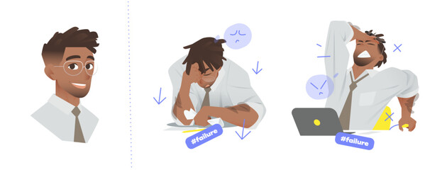 Cartoon Black Male Character in Glasses, White Shirt, and Tie. Bust View and Two Office Scenes Showing Emotional Failure and Frustration with Gesture Icons and Facial Reactions.