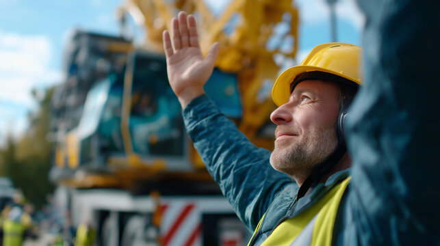 Emphasize coordination: crane operator and signaler hand signs in sync, realism, heavy lift, teamwork, safety protocol, with copy space