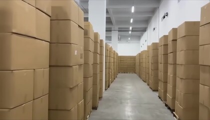 Explore a spacious warehouse filled with towering stacks of cardboard boxes, showcasing an organized layout. Witness the efficiency of modern storage and logistics in action.