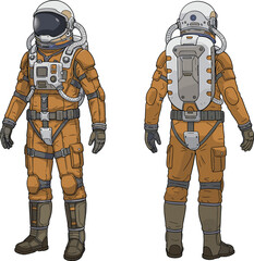 Space suit front and back view, astronaut gear illustration, orange EVA suit, technical drawing, helmet, tubing, life support system, gloves