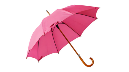pink umbrella with wooden handle, classic protection from rain or sun, isolated on white background