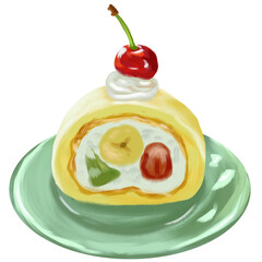 Fruit roll cake illustration topped with cherry and cream, featuring colorful fruits inside. Perfect for bakery menus, dessert art, cafe designs, and sweet food-themed projects.