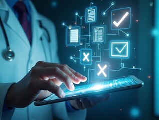 Doctor Using Futuristic Tablet for Electronic Patient Files