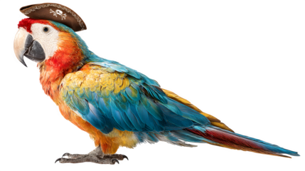 pirate parrot perched confidently, colorful feathers, isolated on white background