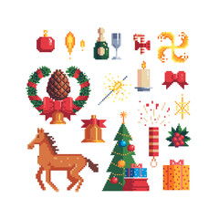 Xmas pixel art icons set. Chinese New Year 2026 Red Horse. Christmas isolated vector illustration. Design for stickers, knitting, logo, app.
