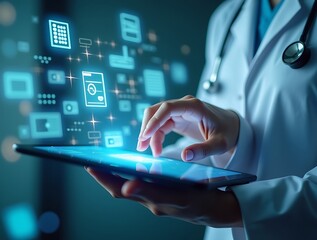 Modern Healthcare Technology Interface with Floating Data Icons