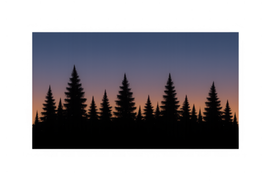 Forest trees silhouette at sunset, orange and blue twilight sky background, vector illustration