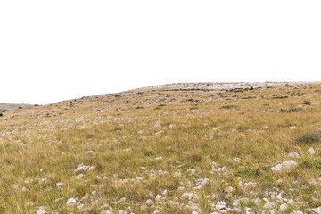Rolling rocky landscape with dry grass. Isolated object