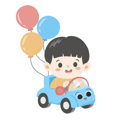 cute chibi boy driving small car with balloons, hand drawn vector flat design style illustration, adorable birthday party theme art in aesthetic blue, playful kids clipart, happy celebration design 