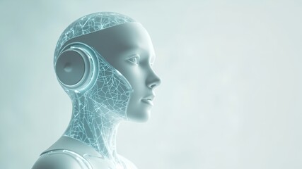 Futuristic robotic woman with digital features and headphones  