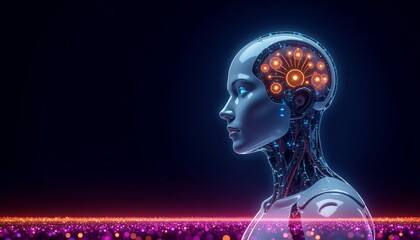 Futuristic robotic head with glowing circuits on dark background  