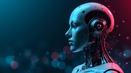 Futuristic robot head with intricate details on dark background  