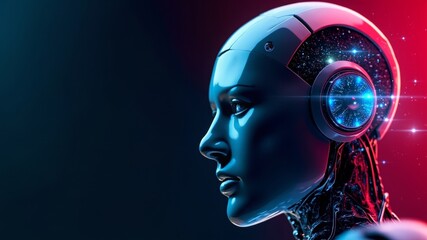 Futuristic robot head with glowing digital elements on dark background  