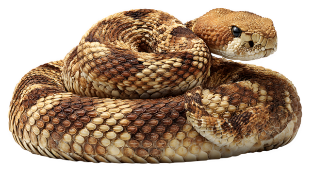 rattlesnake coiled up, ready to strike, detailed scales and texture, isolated on white background
