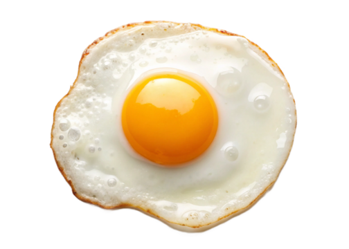 A single fried egg with a bright yellow yolk and a crispy white edge on a plain white background