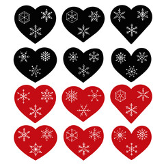 Red and Black Hearts with Snowflake Pattern for Winter and Holiday Design