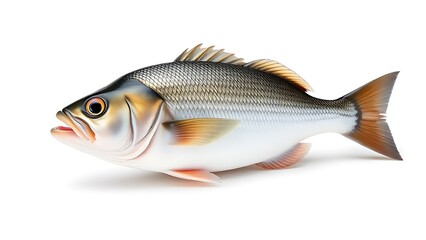 Obraz premium seabass. A fresh sea bass showcased on a clean white background, its detailed scales and texture captured under professional studio lighting. menu design.