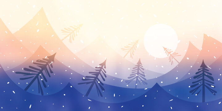 Stylized winter landscape, sunset, setting sun, cartoon nature, forest and snowfall, vector illustration