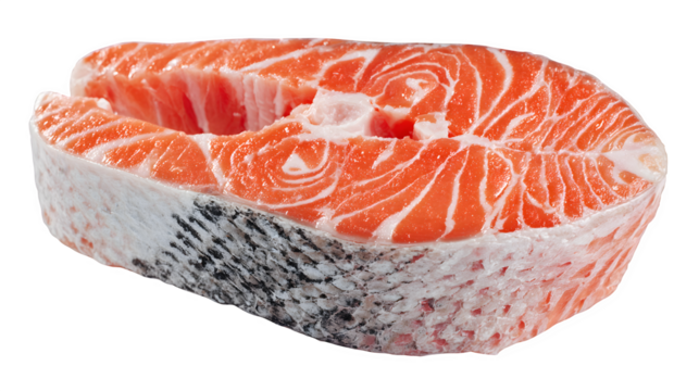 raw salmon steak with marbled texture, isolated on white background
