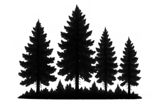 Forest pine trees silhouette with a group of spruces creating a woodland landscape, transparent background included