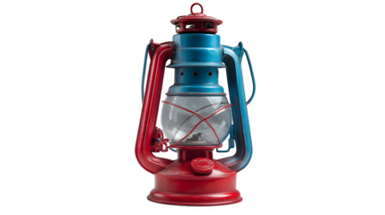 red and blue kerosene lantern, vintage style, isolated on white background