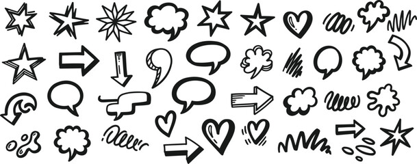 Variety of sketched doodle elements including stars, hearts, speech bubbles, and arrows isolated on white background