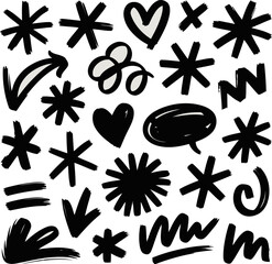 Assortment of handdrawn black graphic elements including stars, hearts, arrows, and speech bubbles isolated on white background