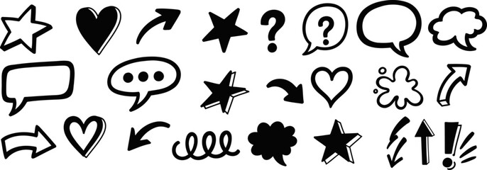 Selection of handdrawn icons featuring stars, hearts, speech bubbles, and question marks isolated on white background
