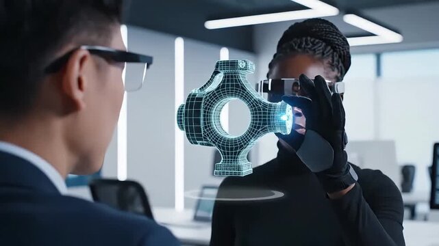 business people in vr glasses interact with a holographic 3d model of a part in modern office