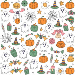 Cute halloween doodle pattern with pumpkins, ghosts, spiders, candy, and witch hats isolated on white background