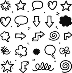 Set of hand drawn doodle icons including stars, hearts, speech bubbles, arrows, and swirls isolated on white background