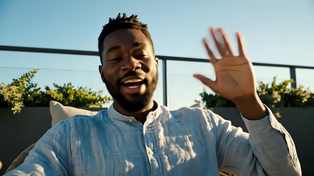 Smiling man waving during video call on sunny rooftop terrace, enjoying a casual conversation with a friend on a bright afternoon. - Powered by Adobe