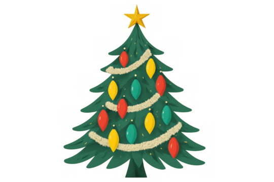 Christmas tree decorating with a golden star, colorful ornaments, and fluffy garland for holiday season celebrations