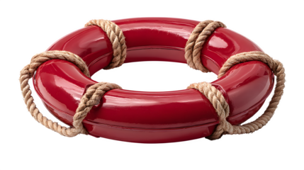 red lifeguard buoy with rope handle, beach rescue equipment, isolated on white background
