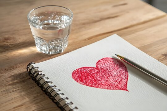 A spiral-bound sketchbook rests on a wooden table with a hand-drawn red heart prominently displayed on the page.