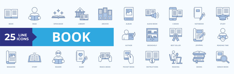 Book Illustration Icon Set Blue Style