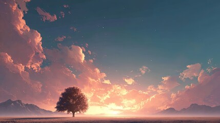 Solitary Tree Sunset Landscape