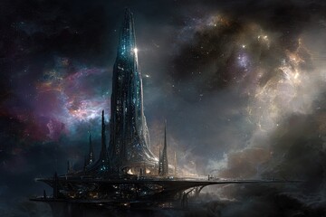 Floating City Tower In Starry Night Sky